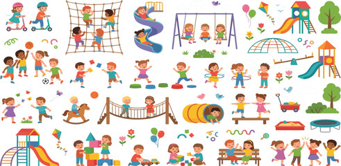 Kids Playground Activities and Kindergarten Recreation Flat Icon Set with Swings Slides Climbing Nets Stepping Stones Blocks and Active Children for Pre School Play Graphic Vector Designs © Mahan