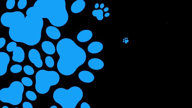 Blue paw print background bold animal tracks, empty space, playful pet pattern, cartoon style. dog videos, cat promos, adoption posts, veterinary clips, pet shop ads, kids content, animated overlays.