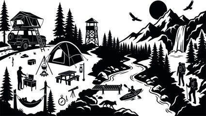 Mountain Camping and Outdoor Adventure Silhouette Vector Landscape for Hiking Travel and Wilderness Exploration © Tofijun