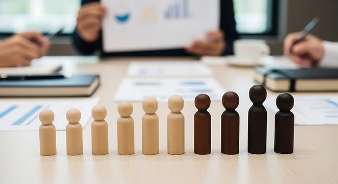 Diverse wooden figures and data presentation on a meeting table, showing growth, inclusion
