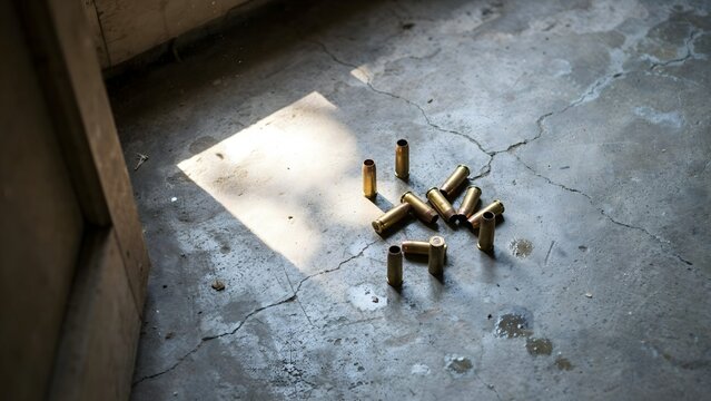Empty brass shell casings scattered on concrete floor under sunlight