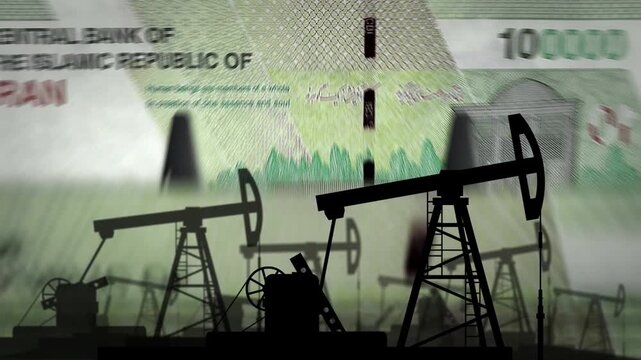 Oil Pump Jacks Silhouettes over Iranian Rial Banknote, Iran Oil Industry and Energy Economy, 3D Seamless 4K Animation