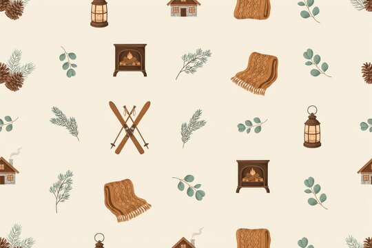 Cozy winter seamless pattern with of wooden cabins, warm knitted blankets, pine cones, evergreen branches, lanterns, and skis