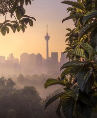 Obraz premium Kuala Lumpur skyline with KL Tower at sunrise through tropical rainforest foliage