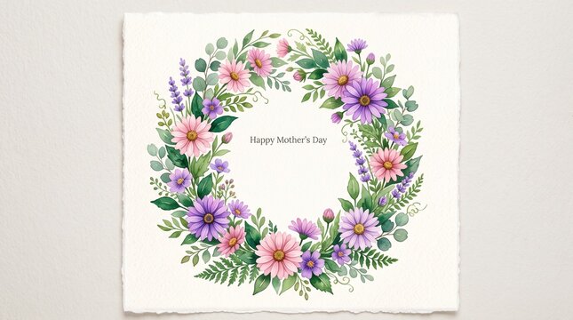 Watercolour lovely arch wreath with pink purple daisy flower and emerald green leaves. Watercolor delicate round frame with bright blossoms for mothers day greeting card design, wedding decoration