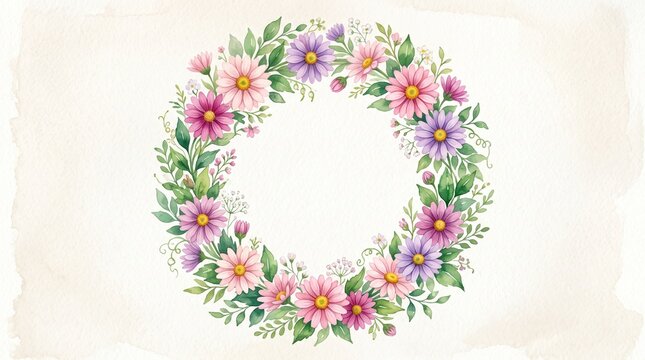 Watercolour lovely arch wreath with pink purple daisy flower and emerald green leaves. Watercolor delicate round frame with bright blossoms for mothers day greeting card design, wedding decoration