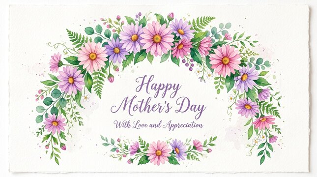Watercolour lovely arch wreath with pink purple daisy flower and emerald green leaves. Watercolor delicate round frame with bright blossoms for mothers day greeting card design, wedding decoration