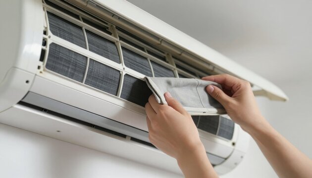 Hands maintaining an air conditioner by cleaning the filter for optimal performance and air quality improvement