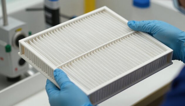 Close up of a technician holding a clean air filter in a laboratory setting for quality control and maintenance purposes