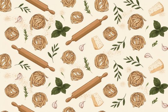 Culinary seamless pattern with pasta nests, wooden rolling pins, fresh basil leaves, garlic cloves, and parmesan cheese on a light background