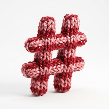 Close-up of a knitted hashtag symbol in red and pink yarn, soft studio lighting, textured craft detail, neutral background, ideal for creative and design projects.
