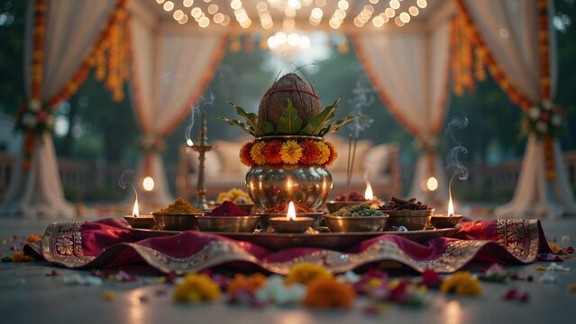 Traditional Indian Ritual Setup with Decorative Elements and Lighting