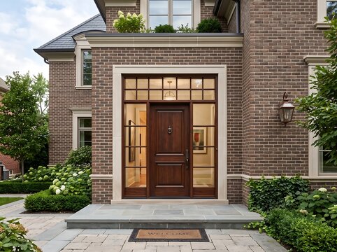 classic estate entrance exterior styling presenting clean lines symmetry of modern glass panels and dark walnut tones