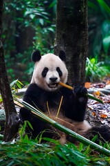 Giant panda eating bamboo in a lush forest © DoThi