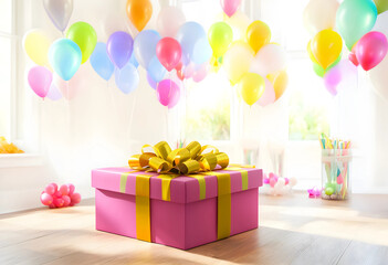 Fototapeta premium Pink birthday gift box with golden ribbon and balloons indoors