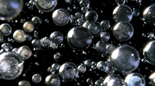 Abstract background with floating shiny metallic spheres on a black backdrop