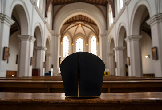 bishop hat displayed on wooden pew inside church interior