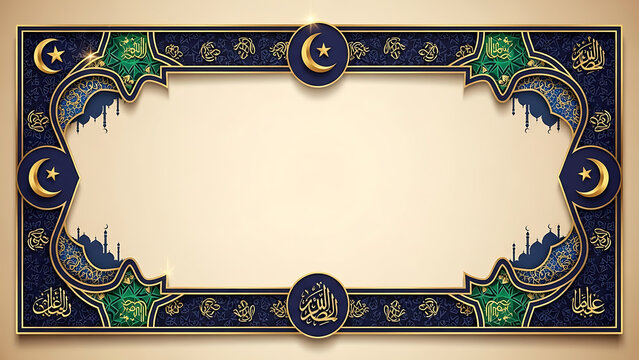Islamic Decorative Frame with Crescent Moon and Mosque Silhouette
