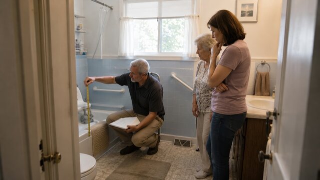 A male contractor measures a bathtub with a tape measure during an in-home consultation with a senior woman and her daughter for bathroom accessibility renovations.