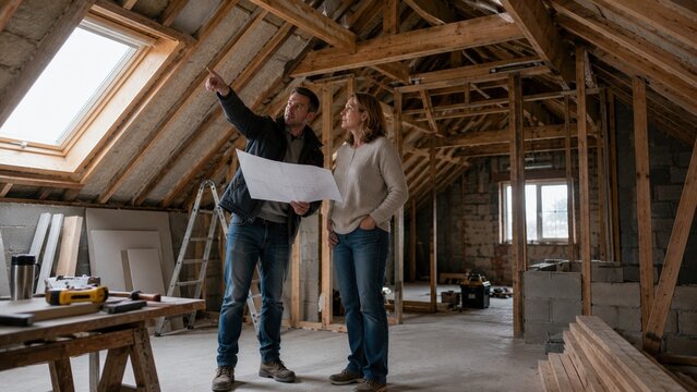 A professional contractor holds blueprints and points to a skylight while consulting with a female homeowner in an unfinished attic during a home renovation project.