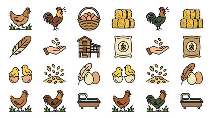 Corporate Flat Set of Poultry Farming and Chicken Coop Essentials with Feathers Eggs Hay Feed and Roosters © piatos