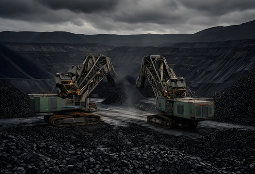 Two mining excavators working in open coal mine