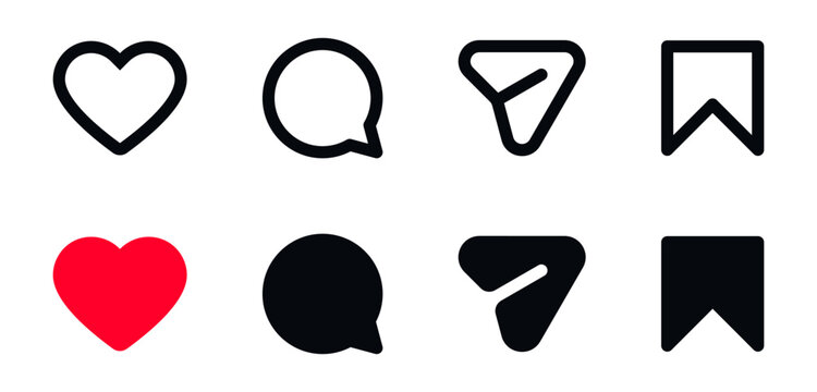 instagram like icon, love, comment, save, share icon signs - social media notification like comment, share icons. social network post reactions collection set. vector illustration