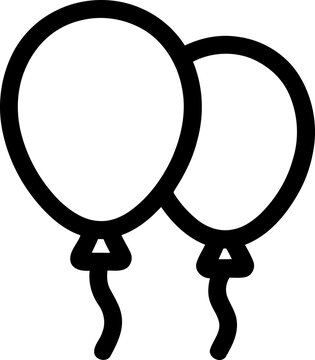 Two simple outline balloons with strings, black and white line art icon