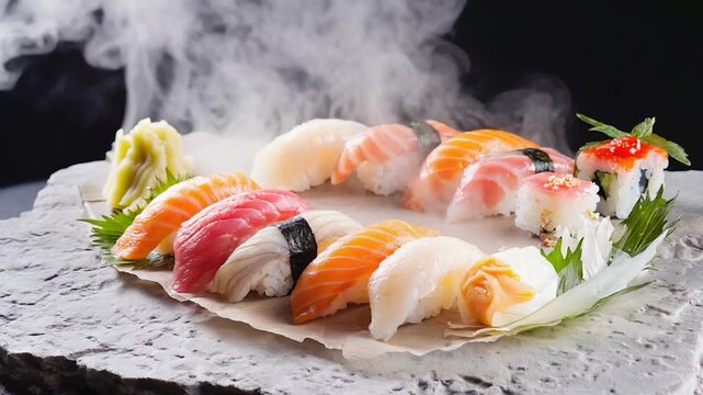 Assorted sushi pieces arranged on a stone platter, with visible steam