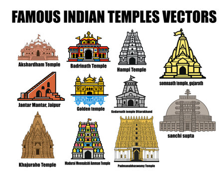 Famous Indian Temples Minimal Vector Icon Collection - Flat Design Thick Line Art Heritage Bundle