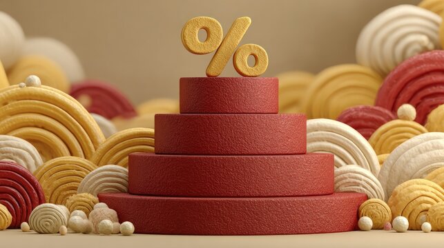 Golden percentage symbol on a tiered red platform surrounded by colorful abstract shapes