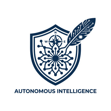 Autonomous intelligence shield emblem with compass and feather