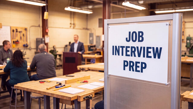 Job interview preparation concept for vocational training career readiness and employment coaching in technical skills workshop and professional development classroom