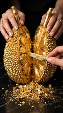Close up of hands cutting an expensive golden durian fruit with a luxury ornate knife on a black marble table scattered with gold nuggets.