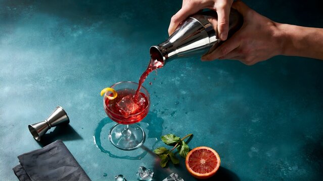 Bartender pouring red cocktail from shaker into glass garnished with citrus slice and basil