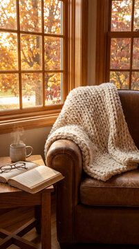 Cozy leather armchair with chunky knit blanket near sunny window with autumn view. Open book and steaming cup of coffee on wooden table. Relaxing lifestyle at home in fall season.