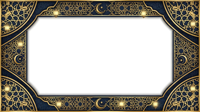 Islamic Geometric Frame with Lanterns and Crescent Moon, Ramadan Mubarak Border