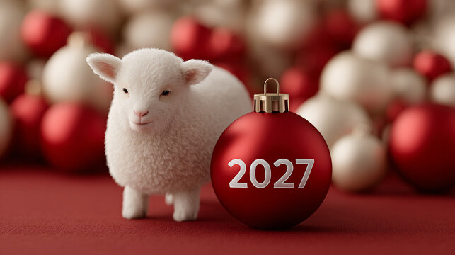 Cute white goat stands beside red ornament labeled '2027'. Background shows blurred red and white baubles. Scene suggests festive holiday celebration