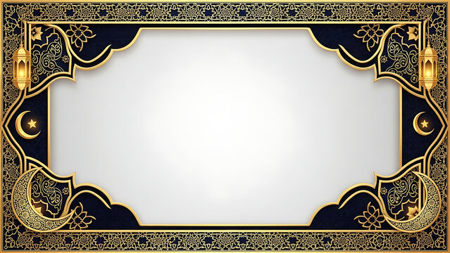 Islamic Golden Frame with Crescent Moon and Lanterns, Ramadan Kareem Background