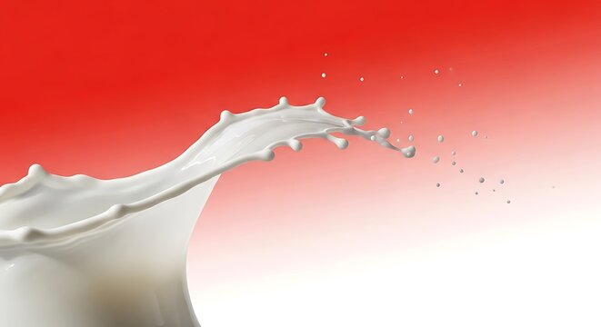 Dynamic shot of a milk splash, white liquid rising against red to white gradient