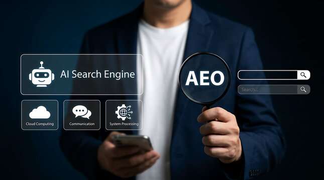 Man holding magnifying glass showing AEO and AI search engine interface