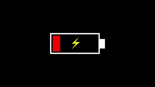 Low battery charging animation with yellow lightning bolt on black