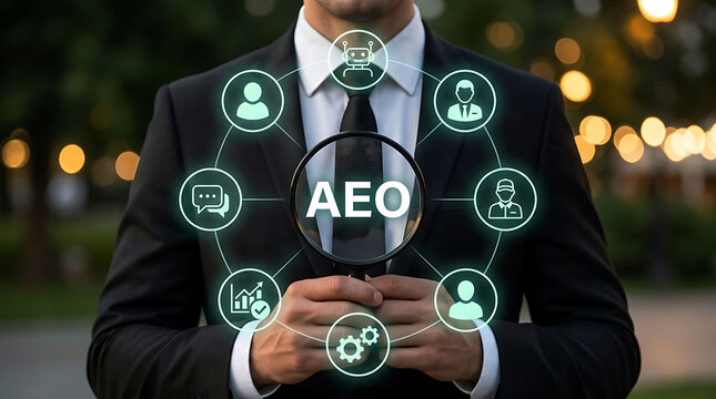 Businessman holding magnifying glass showing AEO engine optimization concept