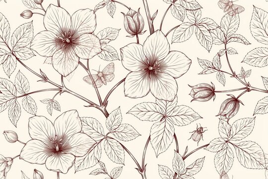 Detailed botanical seamless pattern with hand-drawn flowers, leaves, buds, and small beetles in a vintage monochrome brown ink style