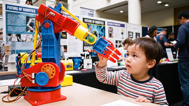 Robotics education concept for children STEM learning technology exhibition and engineering discovery in interactive science fair robotic innovation and future technology