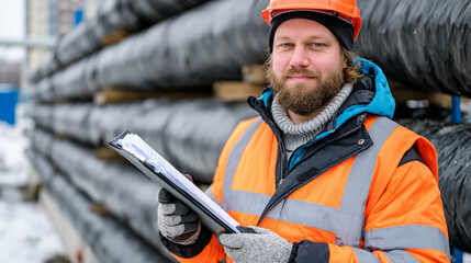 Fototapeta premium Industrial maintenance technician inspecting above ground insulated district heating pipelines in a snow covered city environment, winter safety gear, municipal energy distribution system, authentic