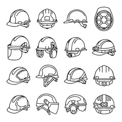 Fototapeta premium Assortment of industrial safety helmets in line art style against a white background for construction or manufacturing concepts