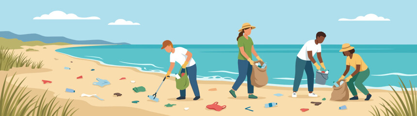 Volunteers Cleaning Plastic Trash from Ocean Beach Shoreline © Bakul