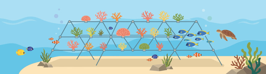 Coral Reef Restoration Project with Underwater Structure and Marine Life © Bakul