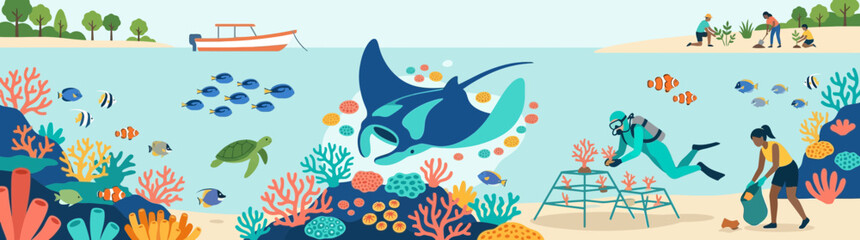 Coral Reef Restoration and Marine Life Conservation Scene © Bakul